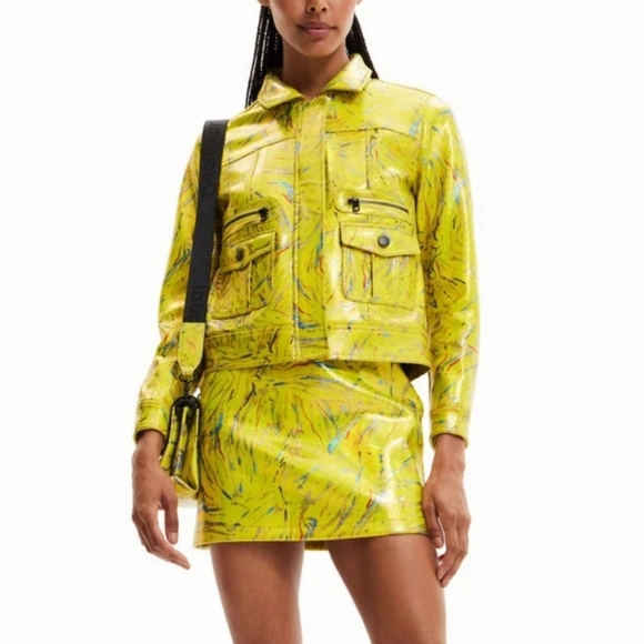 Desigual Arty Straight Iridescent Yellow Jacket Scale-texture fabric Size Large - Picture 1 of 16